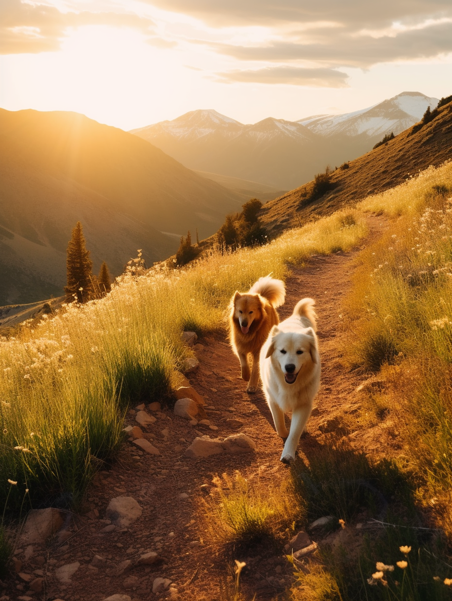 Golden Retriever and Husky running along a mountain trail at sunset, symbolizing freedom and joyful companionship in nature.