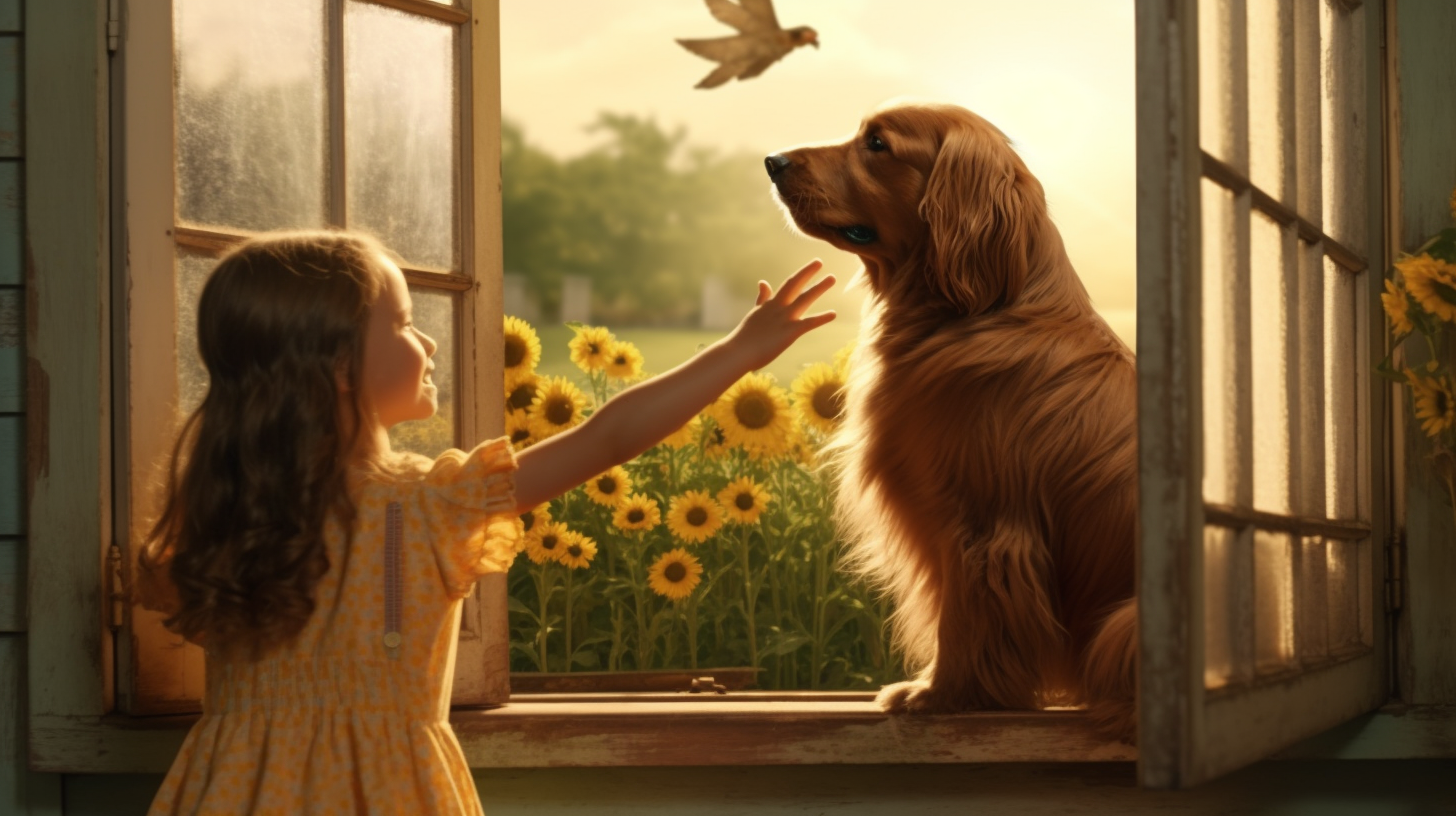 Child reaching out to a dog by the window, symbolizing a loving memory tribute for Missouly’s pet urn collection.