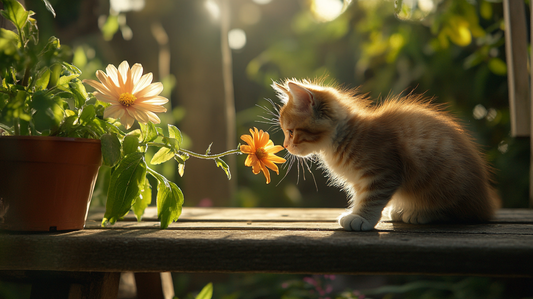 A cat gently playing with a daisy on a bench outdoors, capturing a tender and playful moment.
