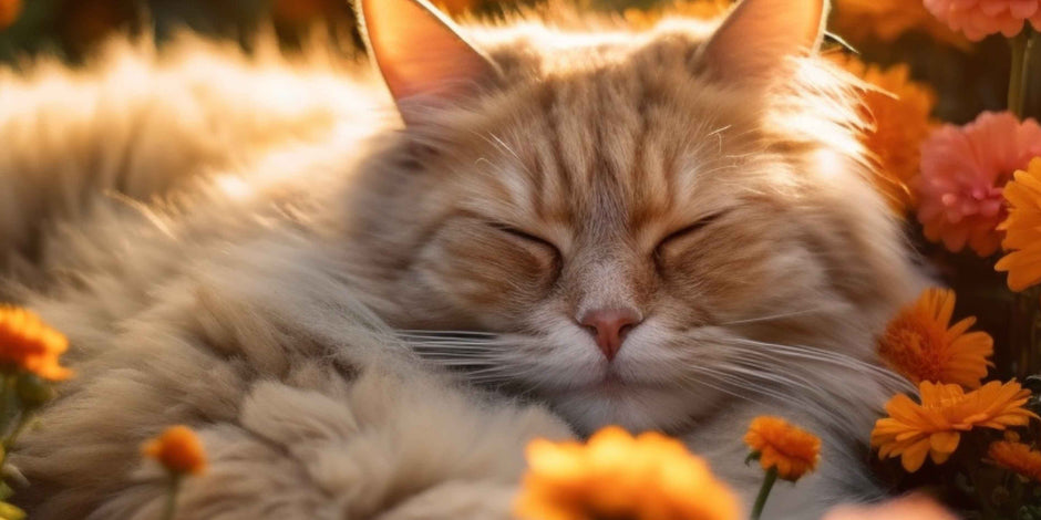 A serene image of a fluffy orange cat resting peacefully among vibrant orange flowers, symbolizing calm and tranquility in a memorial setting.