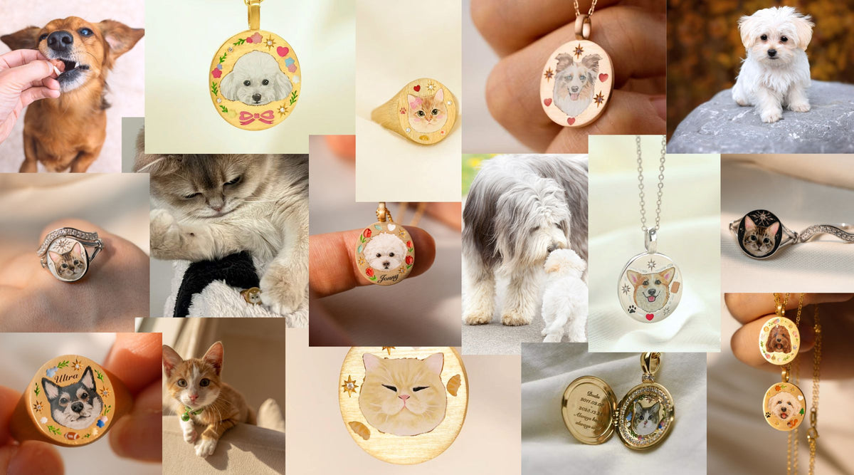 Custom pet jewelry collage, showcasing necklaces and rings that celebrate life and honor beloved pets with vibrant colors and unique designs.