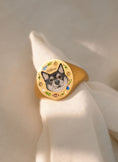 Load image into Gallery viewer, Hand-painted pet memorial ring featuring a custom dog portrait, set against a soft fabric background
