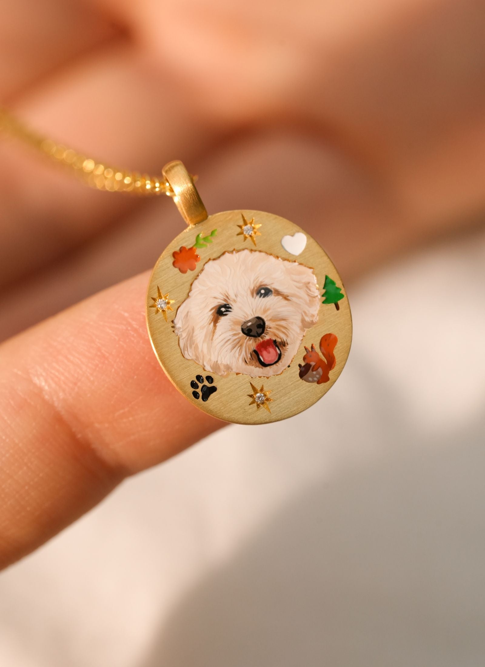 Variety of custom pet memorial portrait necklace designs, hand-painted for dog and cat lovers
