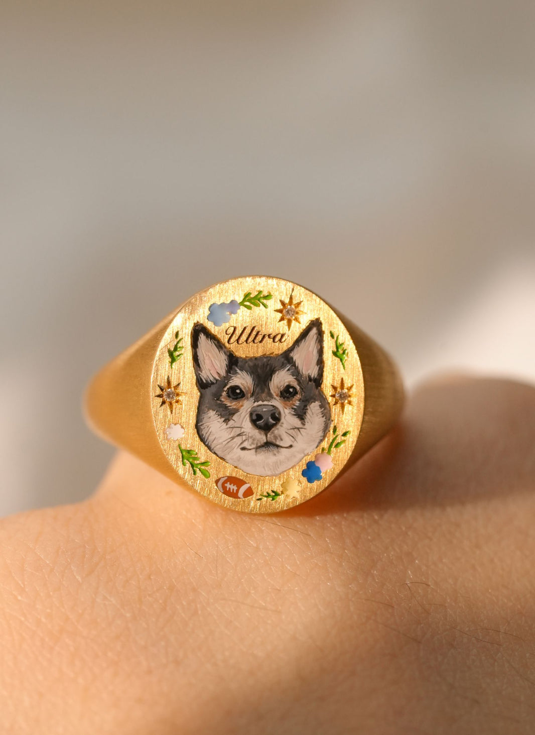 Hand-painted gold dog memorial ring with a custom pet portrait, shown in a detailed close-up