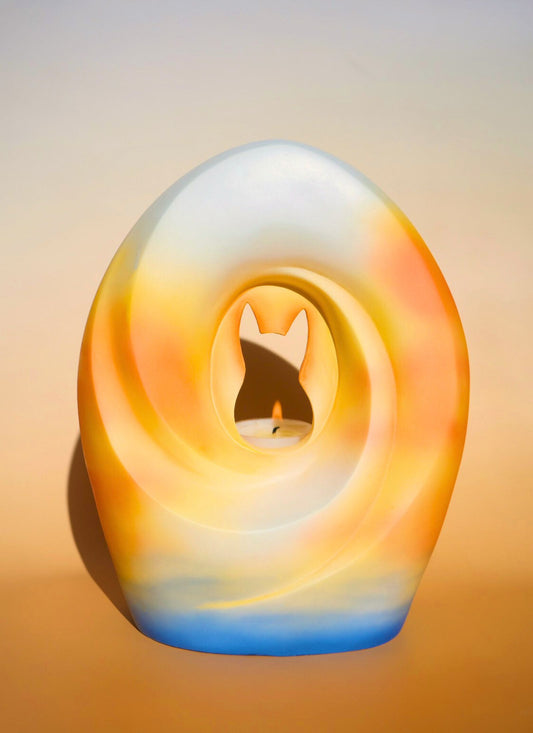Sunset Memories Pet Urn with glowing sunset hues and a pet silhouette, symbolizing a peaceful transition.